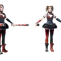 Game Movie Character With Pigtails Red Black Outfit Holding Baseball Bat
