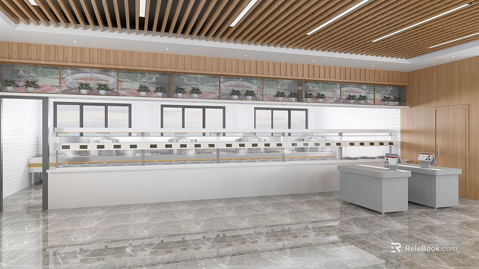 Modern Cafeteria Interior Design With Wooden Ceiling Marble Floor And Serving Counters 3d model
