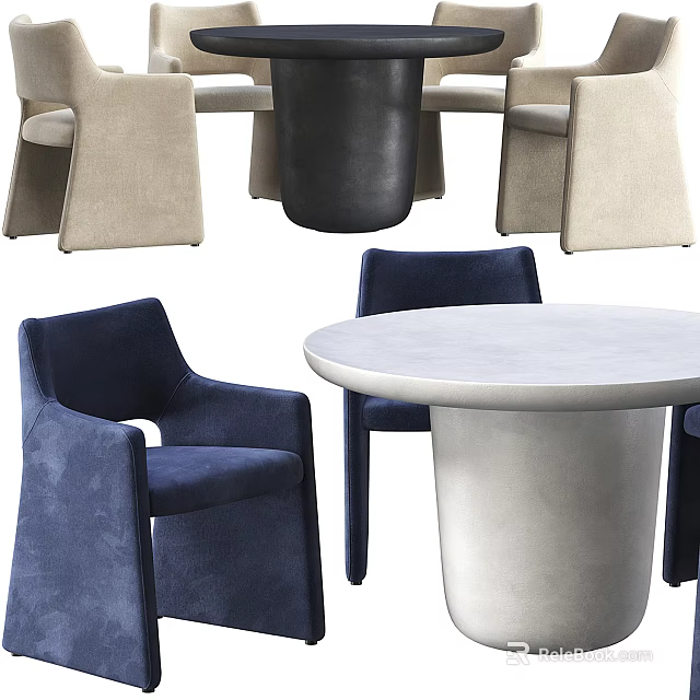 Modern Dining Table Set With Round White Table And Blue Beige Upholstered Chairs 3d model 