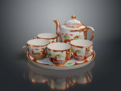 Elegant Floral Teapot Set With Matching Cups Gold Accents And Tray 3d model
