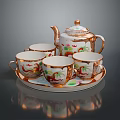 Elegant Floral Teapot Set With Matching Cups Gold Accents And Tray