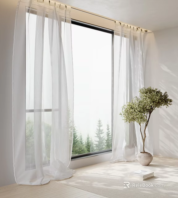 White Curtains Framing Window With Soft Natural Light Pine Trees Outside And Indoor Potted Plant 3d model 