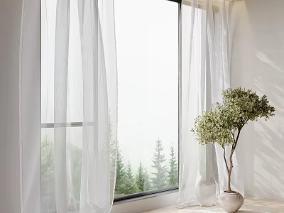 White Curtains Framing Window With Soft Natural Light Pine Trees Outside And Indoor Potted Plant 3d model