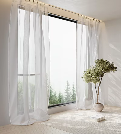 White Curtains Framing Window With Soft Natural Light Pine Trees Outside And Indoor Potted Plant 3d model