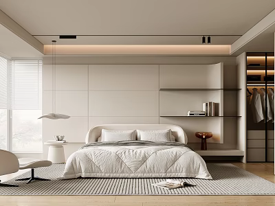 Modern Bedroom Interior Design With King Size Bed Built in Wardrobe And Recessed Lighting 3d model