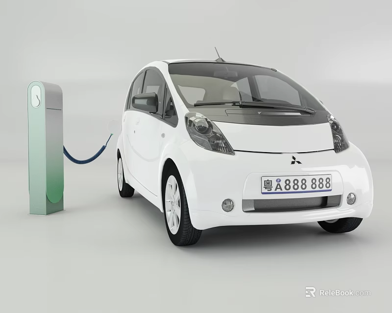 White Electric Car Charging at Green Charging Station with Connected Cable 3d model 