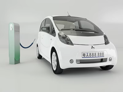 White Electric Car Charging at Green Charging Station with Connected Cable 3d model