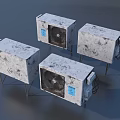 Four Air Conditioner Fans On Metal Stands With Worn Dirt Stains Against Gray Background