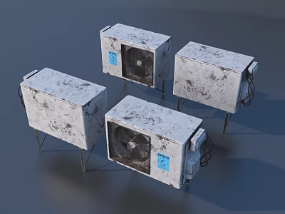 Four Air Conditioner Fans On Metal Stands With Worn Dirt Stains Against Gray Background 3d model