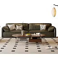 Stylish Green Sofa Coffee Table Set with Pillows Fruits Vase Magazines Floor Lamp and Rug