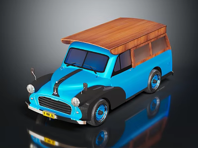 Vintage Blue Station Wagon With Wooden Roof And Classic Design Features 3d model