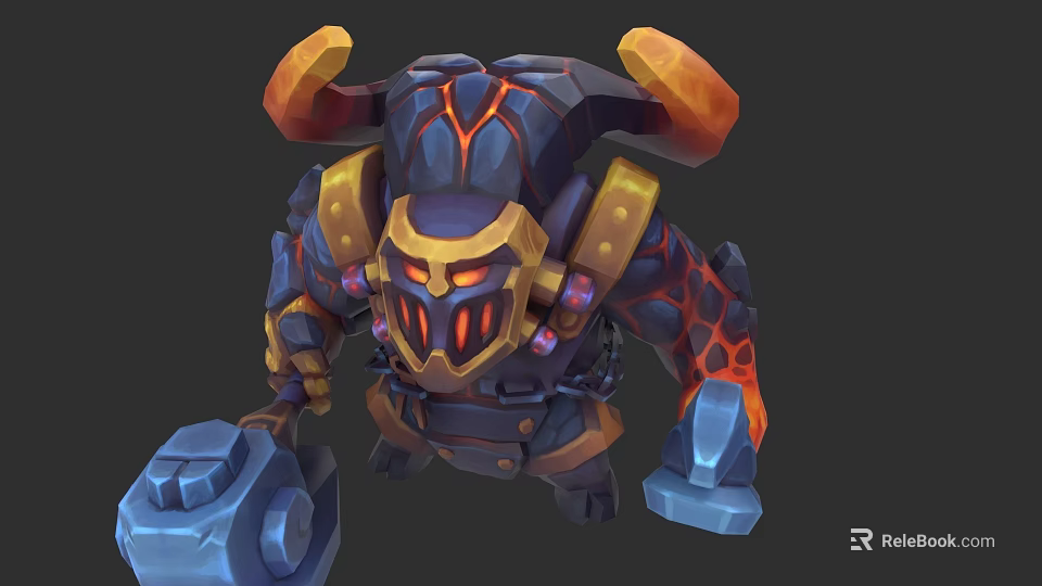 Game Character Armored Giant With Orange Horns Blue Gold Armor And Glowing Red Eyes 3d model 