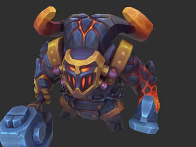 Game Character Armored Giant With Orange Horns Blue Gold Armor And Glowing Red Eyes 3d model