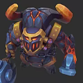 Game Character Armored Giant With Orange Horns Blue Gold Armor And Glowing Red Eyes