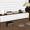 Ornamental Decor Set On Console Table With Books Lamp Ceramic Jar Black Bowl And Radio