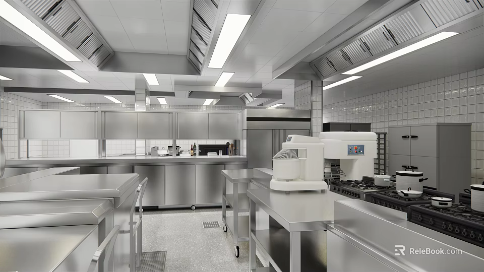 Modern Commercial Kitchen Design With Stainless Steel Worktables And Ventilation Equipment 3d model 