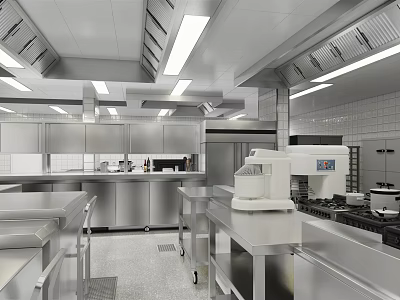 Modern Commercial Kitchen Design With Stainless Steel Worktables And Ventilation Equipment 3d model