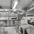 Modern Commercial Kitchen Design With Stainless Steel Worktables And Ventilation Equipment
