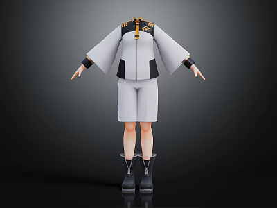 White Long Sleeve Top With Black Gold Details And White Short Pants With Black Boots 3d model