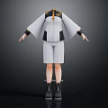 White Long Sleeve Top With Black Gold Details And White Short Pants With Black Boots