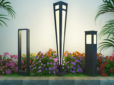 Modern Outdoor Lights With Lush Greenery And Colorful Flowers In Garden Setting 3d model