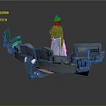 Woman in Green Dress and Hat Standing Beside Futuristic Mechanical Structure with Blue Lights