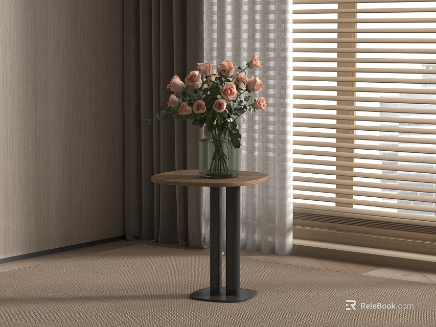 Pink Roses In Green Vase On Round Wooden Side Table With Curtain And Natural Light 3d model 