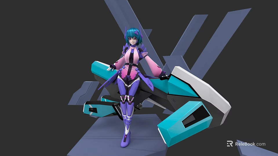 Game Movie Character With Blue Hair Purple Pink Outfit Standing On Platform And Mechanical Structure 3d model 