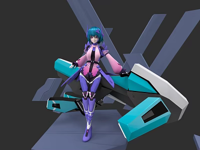 Game Movie Character With Blue Hair Purple Pink Outfit Standing On Platform And Mechanical Structure 3d model