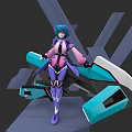 Game Movie Character With Blue Hair Purple Pink Outfit Standing On Platform And Mechanical Structure