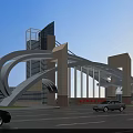 Modern Entrance Gate with Arch Design Tower Structures Red Signs Green Lawn and Cars