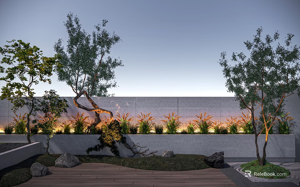 Modern Landscape Feature Wall With Trees Plants Stones Lighting And Wooden Deck 3d model 