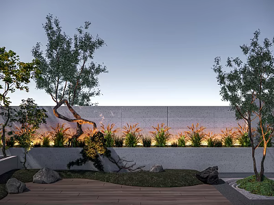 Modern Landscape Feature Wall With Trees Plants Stones Lighting And Wooden Deck 3d model