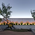 Modern Landscape Feature Wall With Trees Plants Stones Lighting And Wooden Deck
