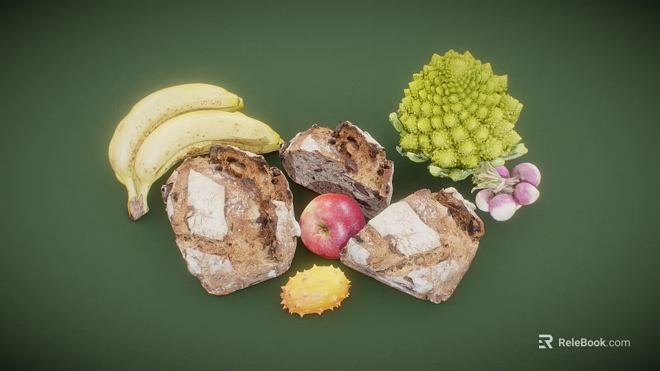 Ripe Bananas Juicy Apple and Yellow Horned Melon with Fresh Romanesco and Bread 3d model 