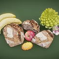 Ripe Bananas Juicy Apple and Yellow Horned Melon with Fresh Romanesco and Bread