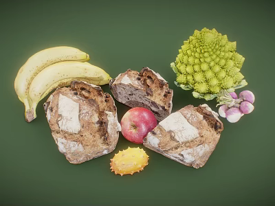Ripe Bananas Juicy Apple and Yellow Horned Melon with Fresh Romanesco and Bread 3d model