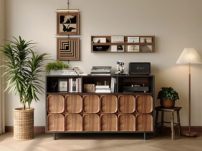 Modern Wooden Bookcase With Decorative Artworks Green Plants Photos And Small Items 3d model