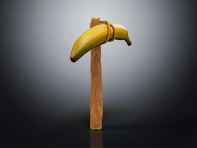 Ripe Banana Tied to Wooden Stick for Artistic Display on Dark Background 3d model