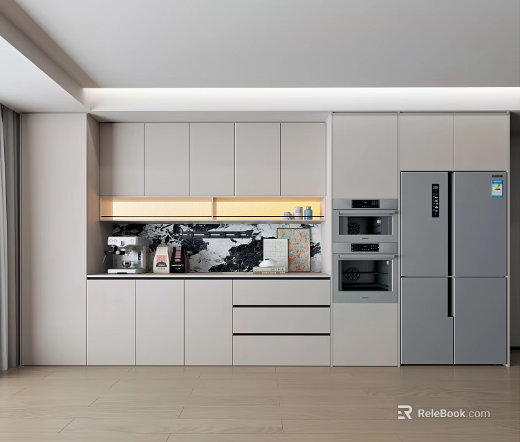 Modern Kitchen Interior Design Featuring Stylish Sideboard With Cabinets And Countertop 3d model