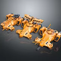 Three Orange Sci Fi Robotic Mechanical Models With Futuristic Structures 3d model