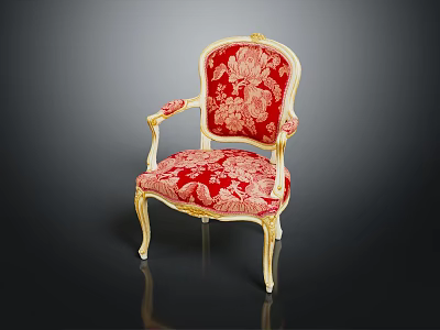 Accent Chair with Red Floral Upholstery Golden Carved Frame and Armrests in Classic Design 3d model