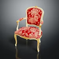 Accent Chair with Red Floral Upholstery Golden Carved Frame and Armrests in Classic Design