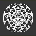 White Hollow Sphere Sculpture With Intricate Geometric Patterns On Black Reflective Surface