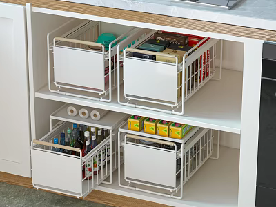 Kitchen Drawer Organizers With White Metal Baskets And Storage Containers 3d model