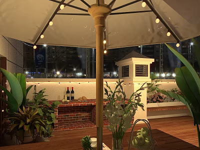 Outdoor Patio Design With Lighted Umbrella Brick Fireplace Plants And City Night View 3d model