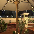 Outdoor Patio Design With Lighted Umbrella Brick Fireplace Plants And City Night View