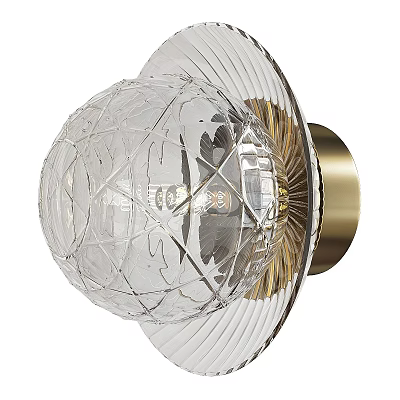 Diamond Cut Transparent Glass Globe Wall Light With Gold Base And Radiant Design 3d model