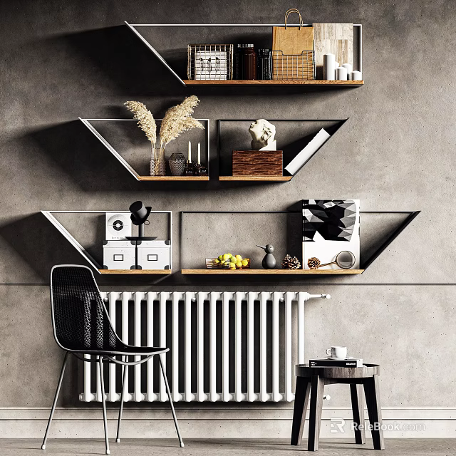 Modern Wall Mounted Shelves With Decorative Items Books And Plants On Gray Wall 3d model 