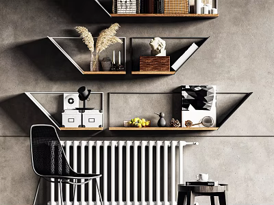 Modern Wall Mounted Shelves With Decorative Items Books And Plants On Gray Wall 3d model